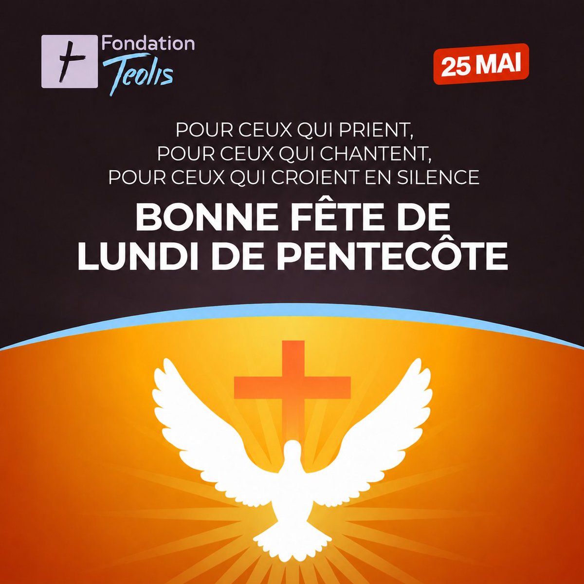 FondationTeolis's tweet photo. ✨Nous adressons nos pensées de paix, d’amour et d’espérance à toutes les communautés chrétiennes.

🤝 Pour ceux qui prient,
🎶 pour ceux qui chantent,
💙 et pour ceux qui gardent la foi en silence…

Bonne fête de Lundi de Pentecôte à tous.🙏

#FondationTeolis #Pentecote #Paix https://t.co/EL3falGBJZ