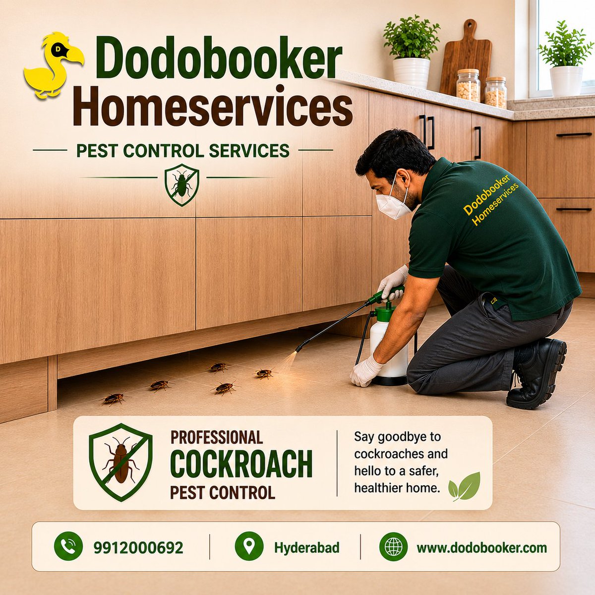 dodo_booker's tweet photo. 🐜 Keep your home pest-free with DodoBooker HomeServices! 
Professional cockroach control for a cleaner, safer, and healthier home. 

📞 9912000692 
📍 Hyderabad
🌐 https://t.co/JWyaBytRm5

#pestcontrol #cockroachcontrol #dodobooker #termitecontrol #pestfreehome https://t.co/88BpPy0eJQ