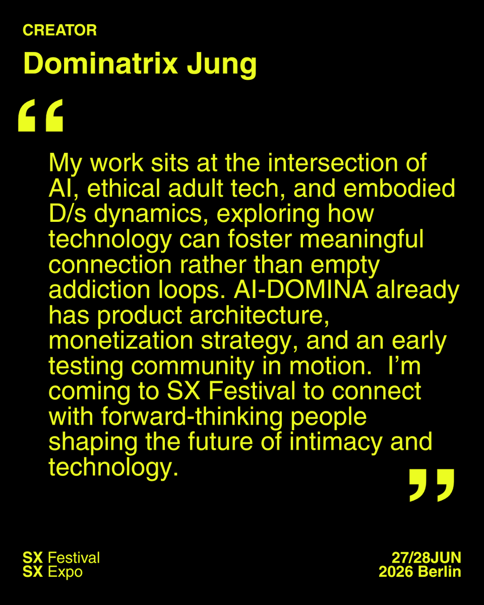 dominatrix_jung's tweet photo. Not all intimacy is physical.
Not all technology is empty.

I’ll  be attending SX Festival &amp; SX Expo 2026

Let's build the next generation of intimacy, human connection.

Use code SXCREATOR15 for discounted tickets. #sxexpo2026 #sxfestival2026
https://t.co/haO1TOu5Kz https://t.co/PQFfr6BiKg