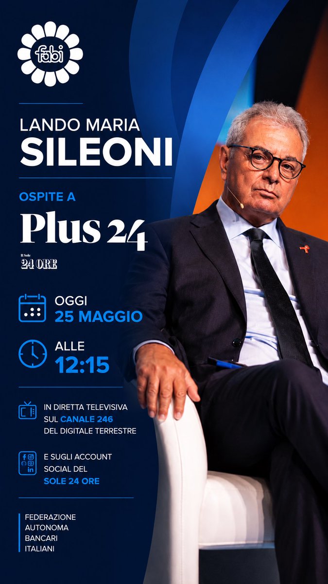 FABI_News's tweet photo. 📺 Tra poco in diretta su Plus24 de Il Sole 24 Ore, il segretario generale FABI @LandoSileoni .

🗓️ Oggi 25 maggio
🕧 Ore 12:15
📡 Canale 246 del digitale terrestre e sui canali social de Il Sole 24 Ore. https://t.co/lJ0MdZUCzK
