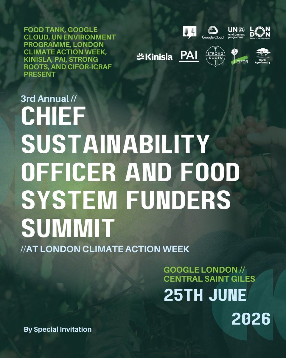 foodtank's tweet photo. Join Food Tank’s 3rd Annual London Climate Action Week Summit on Thursday, 25 June at Google London, Central Saint Giles!

Hosted by Food Tank, Google Cloud, UN Environment Programme, London Climate Action Week, Kinisla, PAI, STRONG ROOTS, and CIFOR-ICRAF, this exclusive event brings together 200+ chief sustainability officers, CEOs, and impact officers from leading food brands, the investment sector, and food systems funders to discuss and shape the future of sustainable food systems during London Climate Action Week.

Confirmed speakers include:
-Samed Agirbas, COP31 Climate Champion
-Sophie Bell, 3rd Generation Farmer, County Cavan
-Bianca Brown, Gen Z Lab UK Ambassador, Edelman
-Helen Clarkson OBE, CEO, The Climate Group
-Ruth Zugman do Coutto, Deputy Director, UN Environment Programme
-Kasia Ciesielska - Faber, Principal Industry Architect, Google Cloud
-Ailbhe Gerrard, Farmer, Brookfield Farm, County Tipperary
-Jade H., Leader of Purchasing and Operations, Whole Foods Market UK
-Charlie Hudson, Global Climate and Impact Director, Compass Group
-Una Hrnjak, Director for International Sustainability, Aldi UK
-Nabeeha Kazi Hutchins, President and CEO, PAI
-Hongpeng Lei, Mitigation Branch Chief, UN Environment Programme
-Caitlin Leibert, Vice President of Sustainability, Whole Foods Market
-Holly Letch, Head of Sustainability, JKS Restaurants
-Nick Mabey, Founder and Chair, London Climate Action Week Steering Group
-Alexandre Musso, Sustainability Leader for Europe and North Africa, Accor
-Danielle Nierenberg, President, Food Tank
-Carina Roseingrave, Dairy Farmer, Burren View Farm, County Clare
-Dorothy Shaver, Global Sustainability Business Leader, Unilever
-Daniella Vega, Senior VP of Health and Sustainability, Ahold Delhaize
-Kevin Watson, Sustainability Director, Levy Business UK, and more!

Request invitation: https://t.co/JewAPEg4lo

#LCAW2026 #LondonClimateActionWeek #ClimateAction #ClimateWeek #Sustainability #NetZero #ClimateLeadership #FoodSystems #FoodSystemTransformation #ClimateSolutions #SustainableFoodSystems #RegenerativeAgriculture #FoodAndClimate #ClimateInnovation #FutureOfFood #NaturePositive #CircularEconomy #ClimateJustice #SustainableBusiness #COP31
