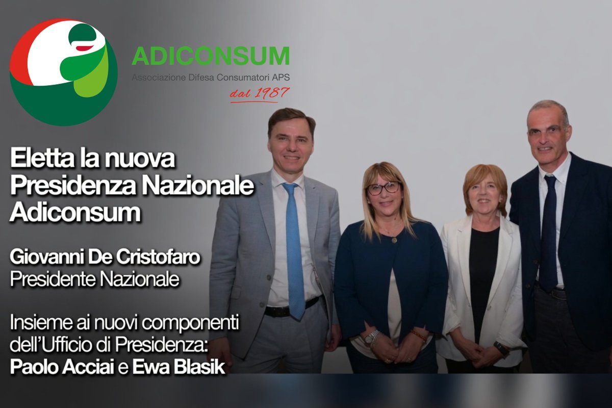 adiconsum's tweet photo. Adiconsum tramite il suo Consiglio Nazionale, annuncia la nomina del nuovo Presidente Nazionale e dell’ufficio di Presidenza.

Il professore Giovanni De Cristofaro guiderà l’associazione nella tutela dei diritti dei cittadini in un contesto economico e tecnologico in rapida evoluzione.
A completamento della nuova squadra di vertice, sono stati nominati i nuovi componenti dell’Ufficio di Presidenza @EwaBlasik e @PaoloAcciai 
Adiconsum ringrazia il Presidente uscente Carlo De Masi, e la precedente Segreteria Pierpaola Pietrantozzi e Andrea Di Palma, per l’impegno profuso negli anni e augura alla nuova squadra un proficuo lavoro al servizio dei consumatori italiani.

Leggi la news completa 👇
https://t.co/1nanWKg3D6