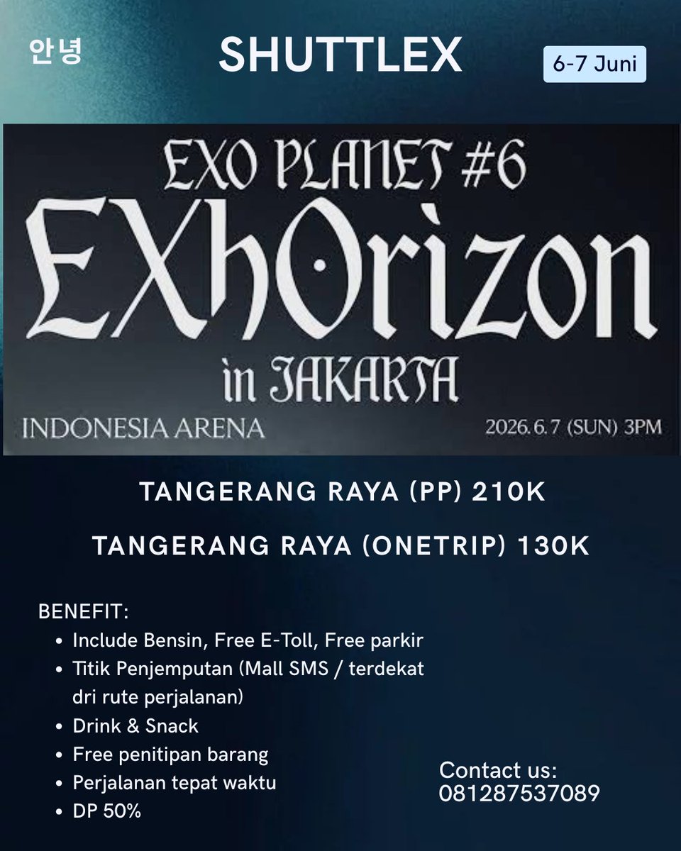 Deuv_apparel's tweet photo. @frealuvforyeol Hallo guys, ada yg mau shuttle trip ke konser exo? Gua open trip dri tangerang yaa. Tinggal duduk ngemil pulang ngemil lagi aman dan santay.  Yang minat boleh dm yaa. Thank you guys.

#exo #konser #jakarta #infokonser #indonesia https://t.co/pSTzyMYO6W
