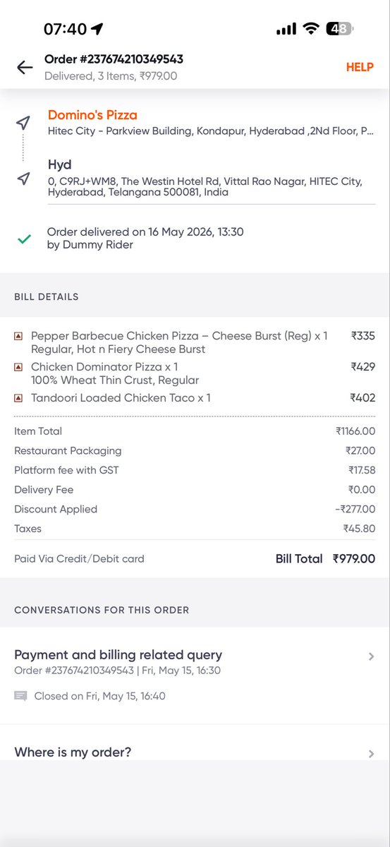 De7emad's tweet photo. Is this your thing staling people ? @dominos @Swiggy @dominos_india https://t.co/de7DYgzYt9