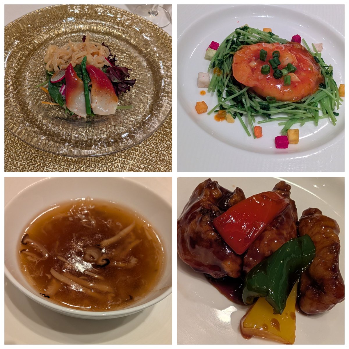 y104104's tweet photo. ある日のランチ。重慶飯店のアルコールフリーフローの約15000円。お酒飲めればいいのですが、皆弱く、スパークリングワインとか、杏露酒とかしか飲めず…。ても、前菜も、エビチリも、フカヒレスープも、苦手な酢豚も、デザートプレートまで全て美味しくいただきました。楽しく美味しい時間でした。 https://t.co/RweXppdGMf
