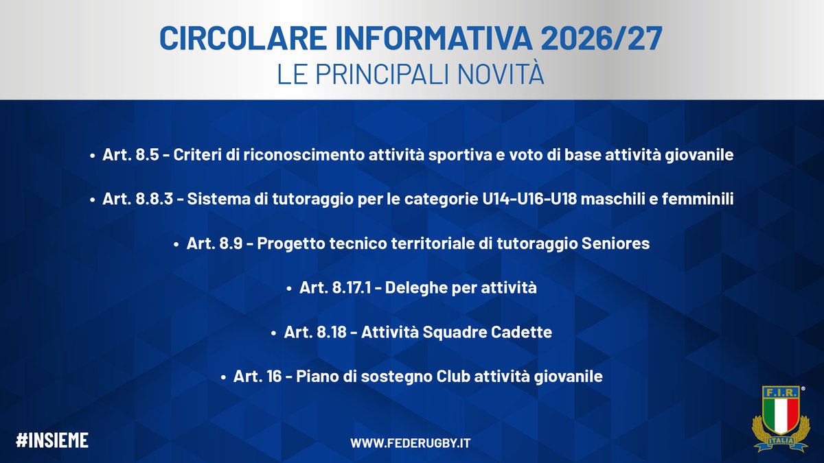 Federugby's tweet photo. La #FIR informa che è consultabile e scaricabile la Circolare Informativa 2026/27 👉 https://t.co/iBc0WtO6Ke

🎙️ Previsti dei #FIRTalks dedicati: la prima puntata, in diretta sul canale Youtube della FIR, è in programma venerdì 29 maggio alle ore 18 

#rugbypassioneitaliana https://t.co/VfT24K5riI