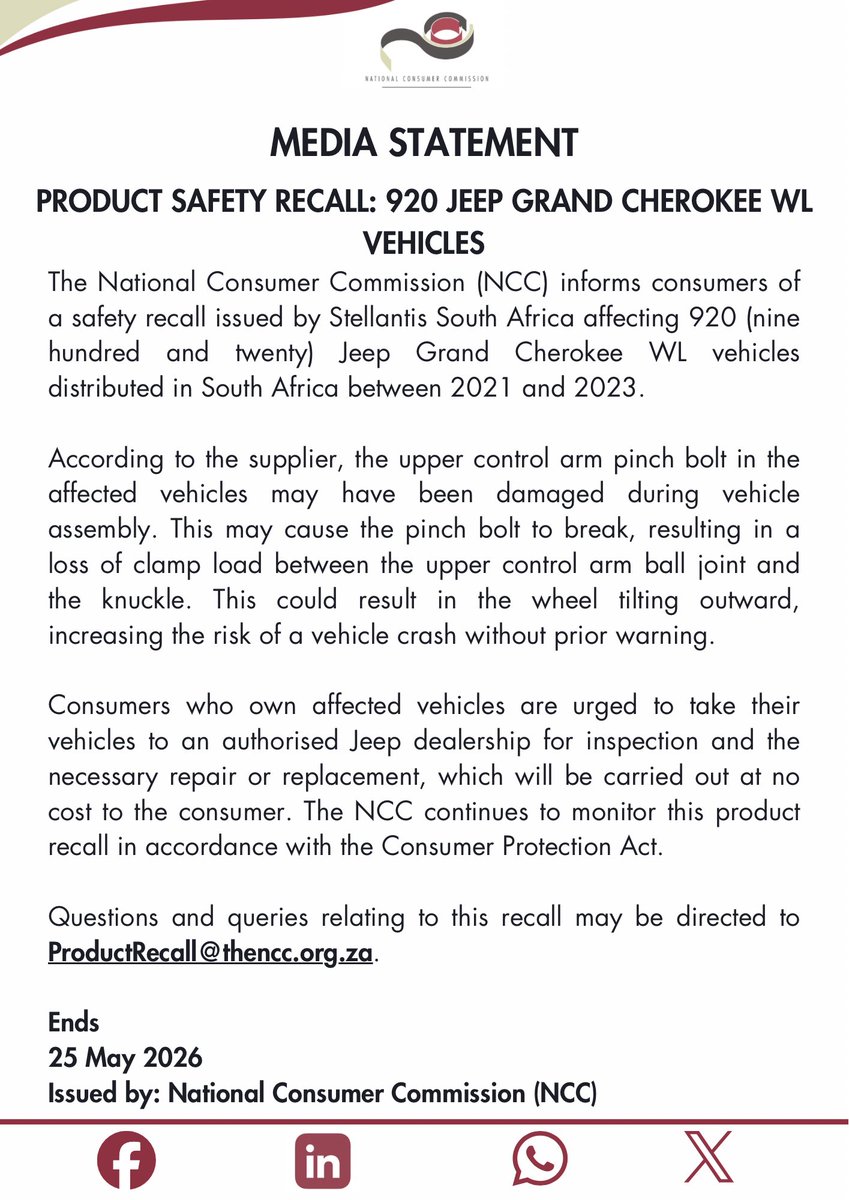 TheNCC_RSA's tweet photo. Jeep Drivers
Your safety matters every kilometre of the way. Check if your Jeep Grand Cherokee WL is part of the latest recall and take action before you hit the road. 

Do not let your next trip turn into a safety risk. 

#VehicleRecall #ConsumerSafety
@PhethoN @the_dtic https://t.co/844p2SDUPX