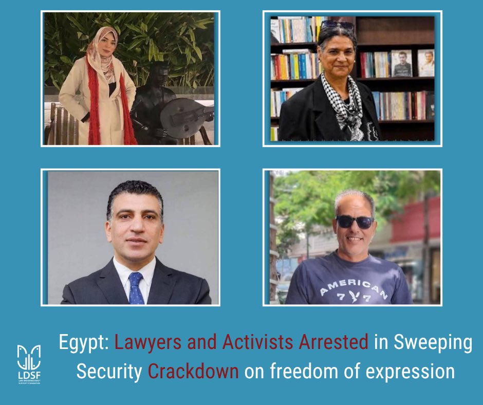 LdsfInfo's tweet photo. 🚨 #Prison_Is_Not_Their_Place.. Repression Rules #Egypt!

Law and Democracy Support Foundation condemns the sweeping security campaign carried out in Egypt over the past few days, targeting activists, lawyers, and defenders of freedom of expression.

In the early hours of Monday, 25 May, security forces arrested members of the "Committee for the Defence of Prisoners of Conscience" from their homes: Mohamed Abou Al-Diyar (Lawyer), Wafaa Al-Masry (Court of Cassation Lawyer) and Dr. Hanan Al-Tantawi (Political Activist)

These arrests came as retaliation days after the Committee organized the “Prison Is Not Their Place” photo exhibition, and hours after condemning the arrest of political activist Nael Hassan.

The authorities' insistence on security-driven approaches proves that repression is a ruling policy, not an exception. We demand an immediate end to this systematic targeting and the release of all prisoners of conscience.

Read the full statement: https://t.co/Zp0Zf53e3R

#HumanRights #FreeThemAll #FreedomOfExpression