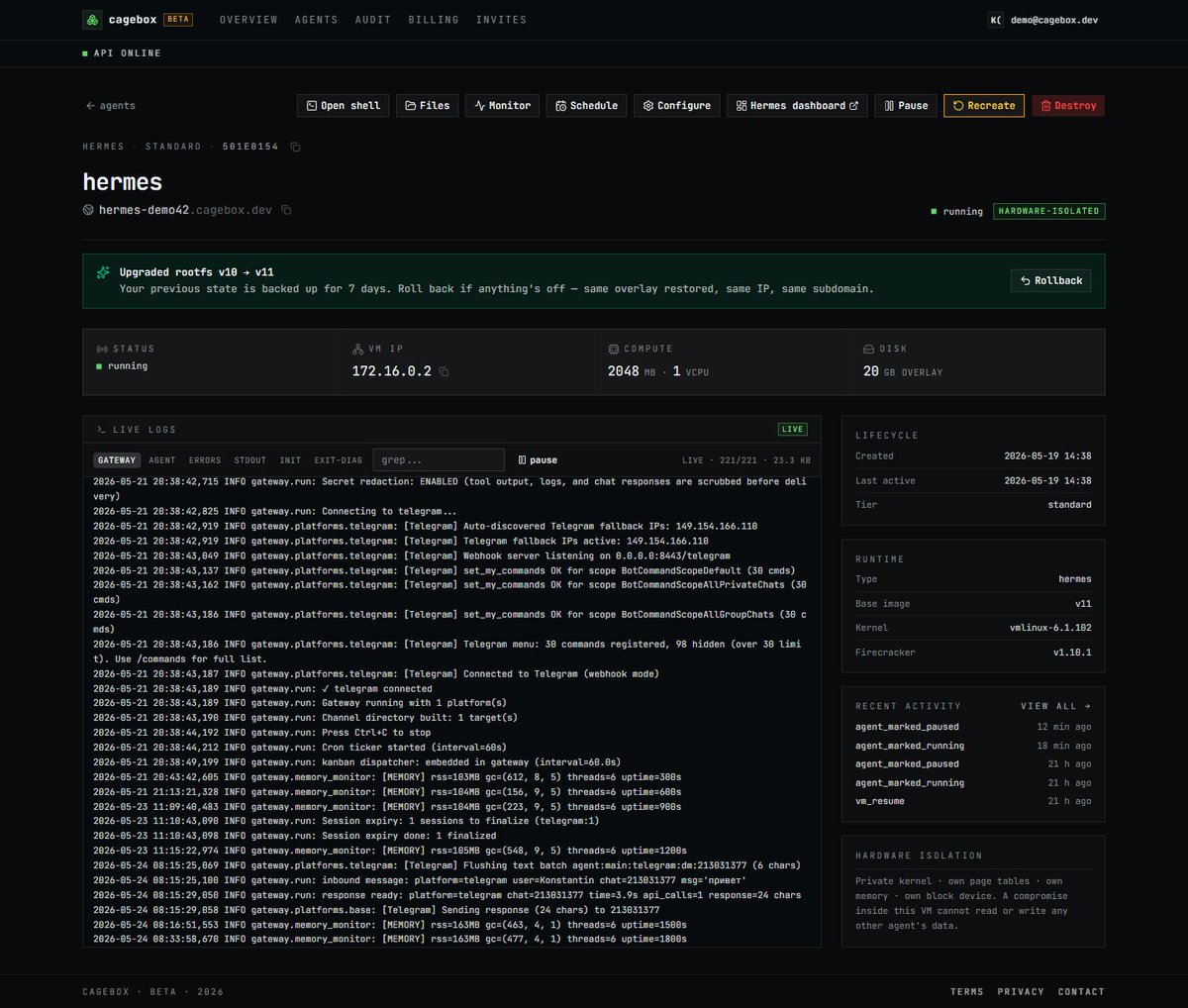 codalytica's tweet photo. What I Built

Cagebox is managed hosting for self-hosted AI agents
(Rust + Firecracker microVMs, ~590ms wake from snapshot,
hardware-isolated — same sandbox AWS Lambda uses).

Each agent gets its own kernel. Idle? Snapshotted
to disk. A Telegram or Discord DM arrives? Awake
before the chat client retries.

– Website: https://t.co/yoJRqOdar7
– Hermes Agent + OpenClaw runtimes
– Bring your own  key

#AIagents #Firecracker #buildinpublic
