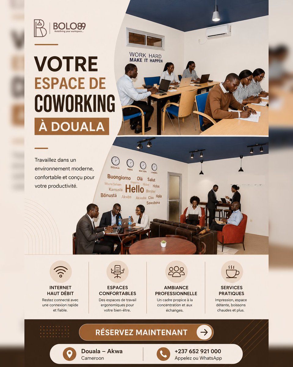 BOLO89official's tweet photo. Travaillez dans un espace moderne conçu pour votre productivité 
Internet rapide, environnement confortable et espace professionnel à Douala.
📍 Douala – Akwa
📞 +237 652 921 000
#Coworking #Douala #BOLO89 https://t.co/YqUHSiNy2F