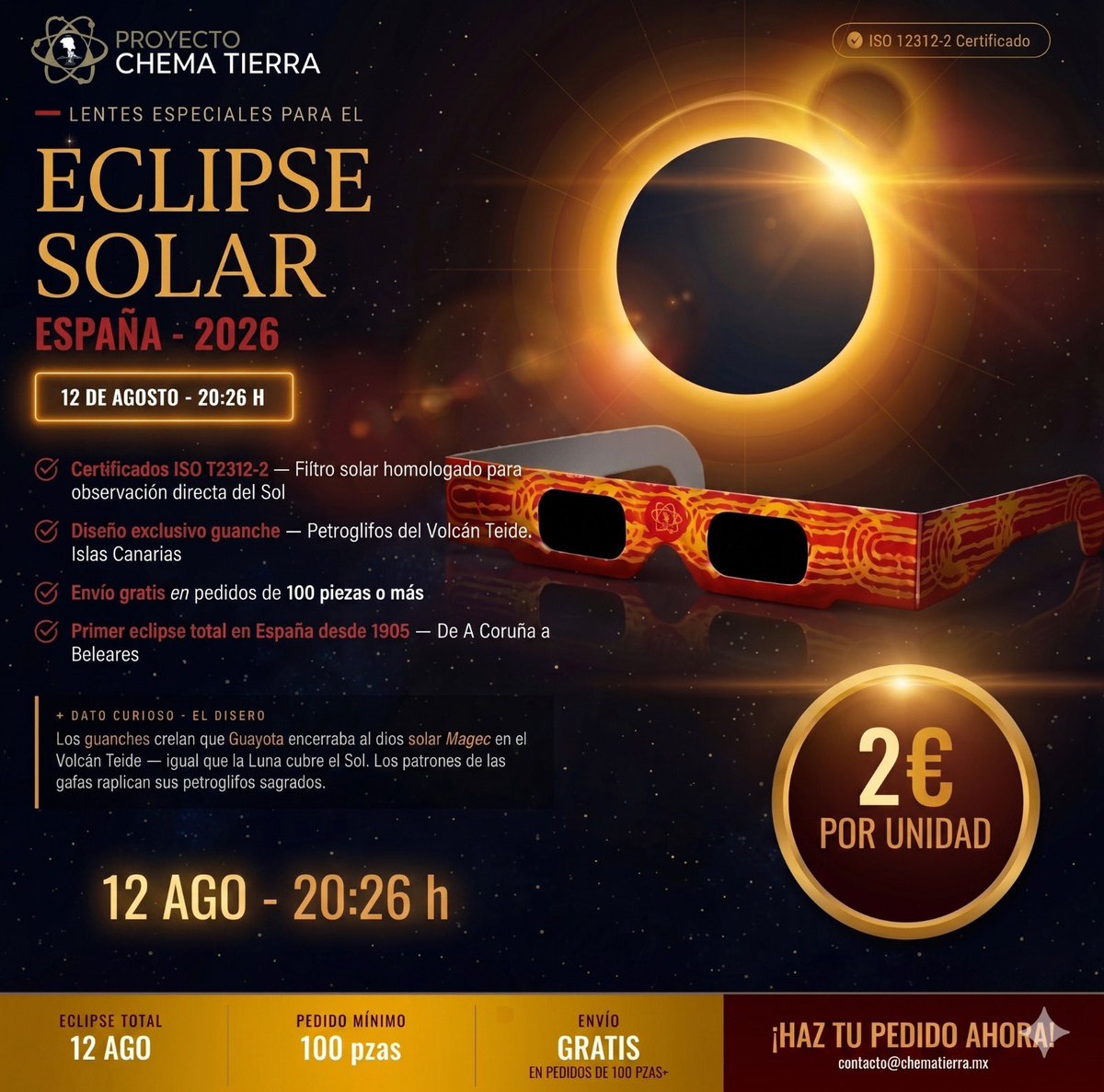 chematierra's tweet photo. Eclipse Total de Sol
☀️ 😎
No te pierdas el espectacular acontecimiento del año #EclipseTotalDeSol que tendrá lugar el próximo 12 de agosto de 2026,
Lentes certificados para la observación segura del eclipse solar, con un diseño especial y auténtico.
Haz tu pedido y te lo enviamos, mínimo 100 piezas en adelante 😎
Aquí vienen todos los detalles 👉 https://t.co/o4oIYHdo2D