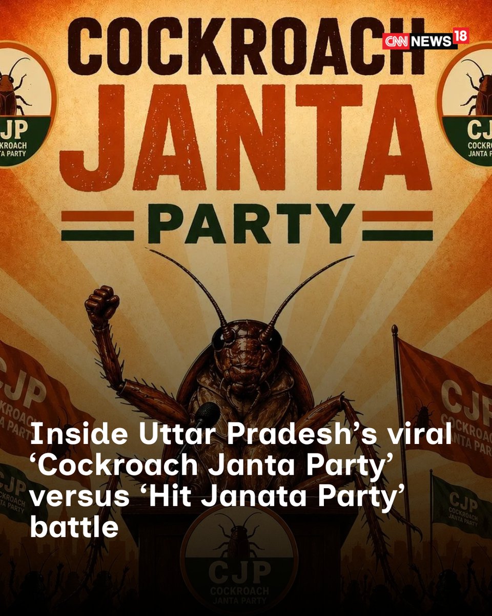 CNNnews18's tweet photo. Inside Uttar Pradesh’s Viral ‘Cockroach Janta Party’ Versus ‘Hit Janata Party’ Battle
Picked up as a meme-driven online trend, 'coackroach' has now entered the political discourse of Uttar Pradesh

Writes: @Oliver056 | #UP #india #cockroachjantaparty #meme #onlinetrend 

https://t.co/W7FR3iVQfM