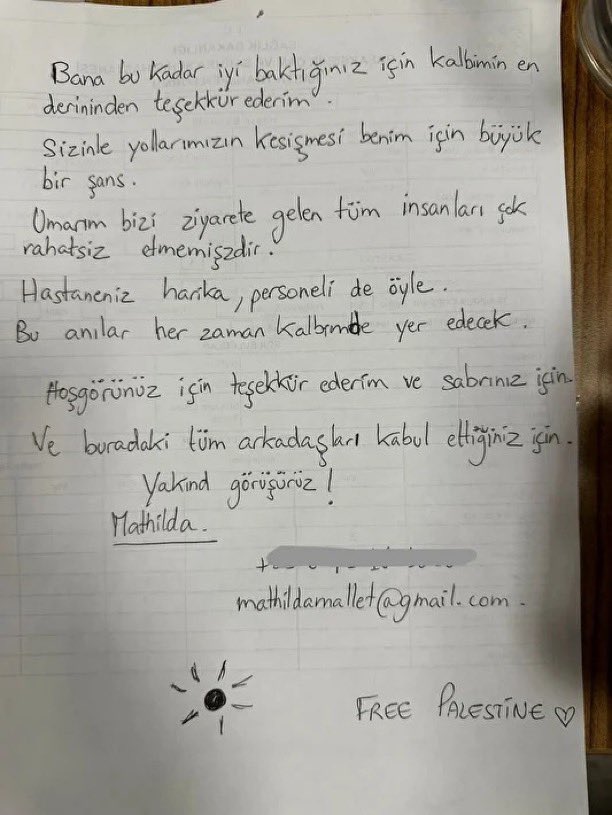 HVMHaber's tweet photo. İsrail askerleri tarafından saldırıya uğrayan Sumud Filosu üyesi Fransız vatandaşı Mathilda Mallet, Türkiye'de kendisini tedavi eden doktorlara Türkçe teşekkür mektubu yazdı. https://t.co/MmvJGcbqAX