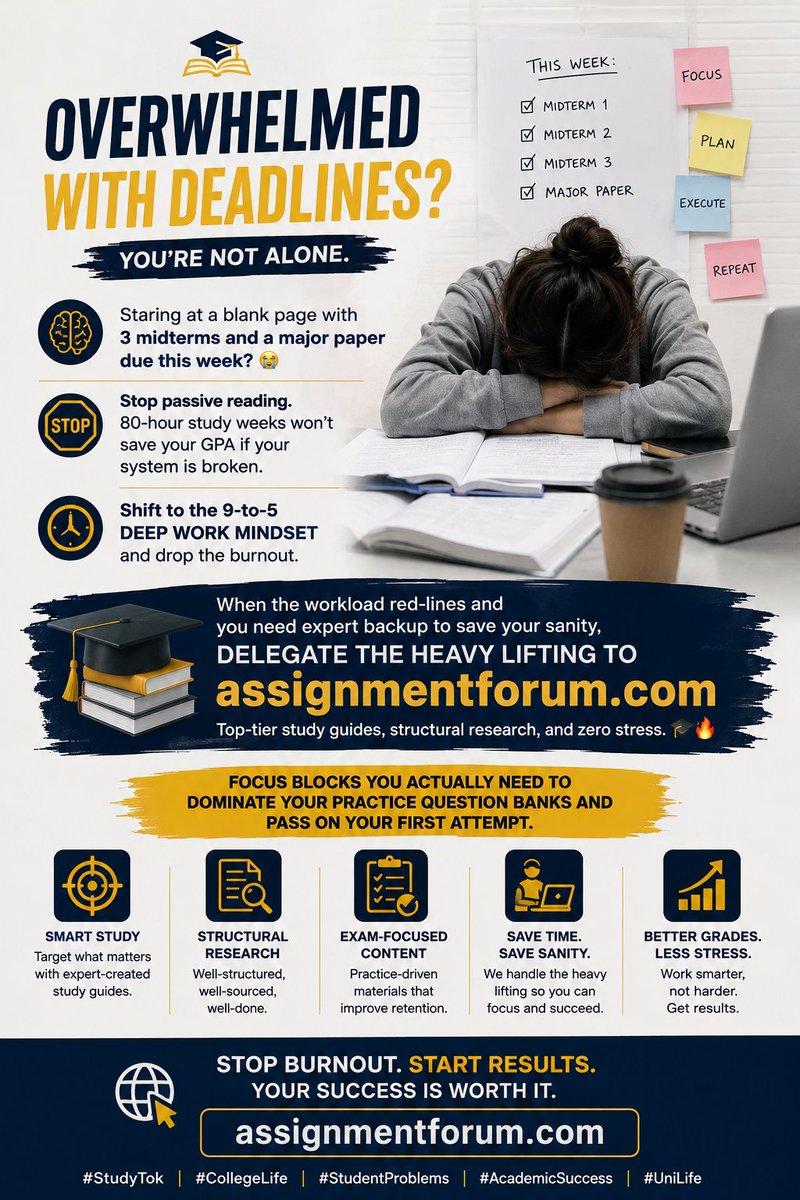 Assignment29457's tweet photo. Stop passive reading. 80-hour study weeks won't save your GPA if your system is broken. Shift to the 9-to-5 deep work mindset and drop the burnout.
To save your sanity, delegate the heavy lifting to https://t.co/ByvQA3asaV.
#StudyTok #CollegeLife #StudentProblems https://t.co/2z3OFhODnj