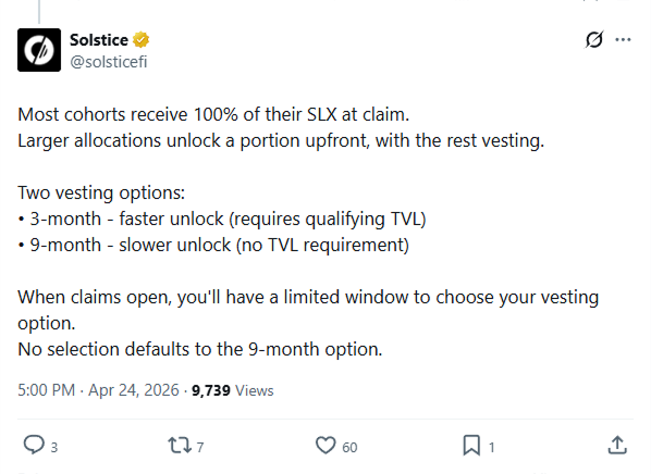 xcryptopunk's tweet photo. solstice airdrop recap:

> charged users 0.075 SOL just to register

> made ~$95,771 from registration fees alone

> 1.4m wallets were marked eligible, yet only ~15k registered

> promised "most cohorts receive 100% at claim"

> ended up giving every wallet only 5-25% unlocked at TGE depending on rank

> after claiming your airdrop will still be vested for 3-9 months

> 3-month vesting requires maintaining qualifying TVL

> only 10 days to claim

> unlock 2 (including xeet rewards) happens 41 days after TGE

how deep airdrops has fallen...