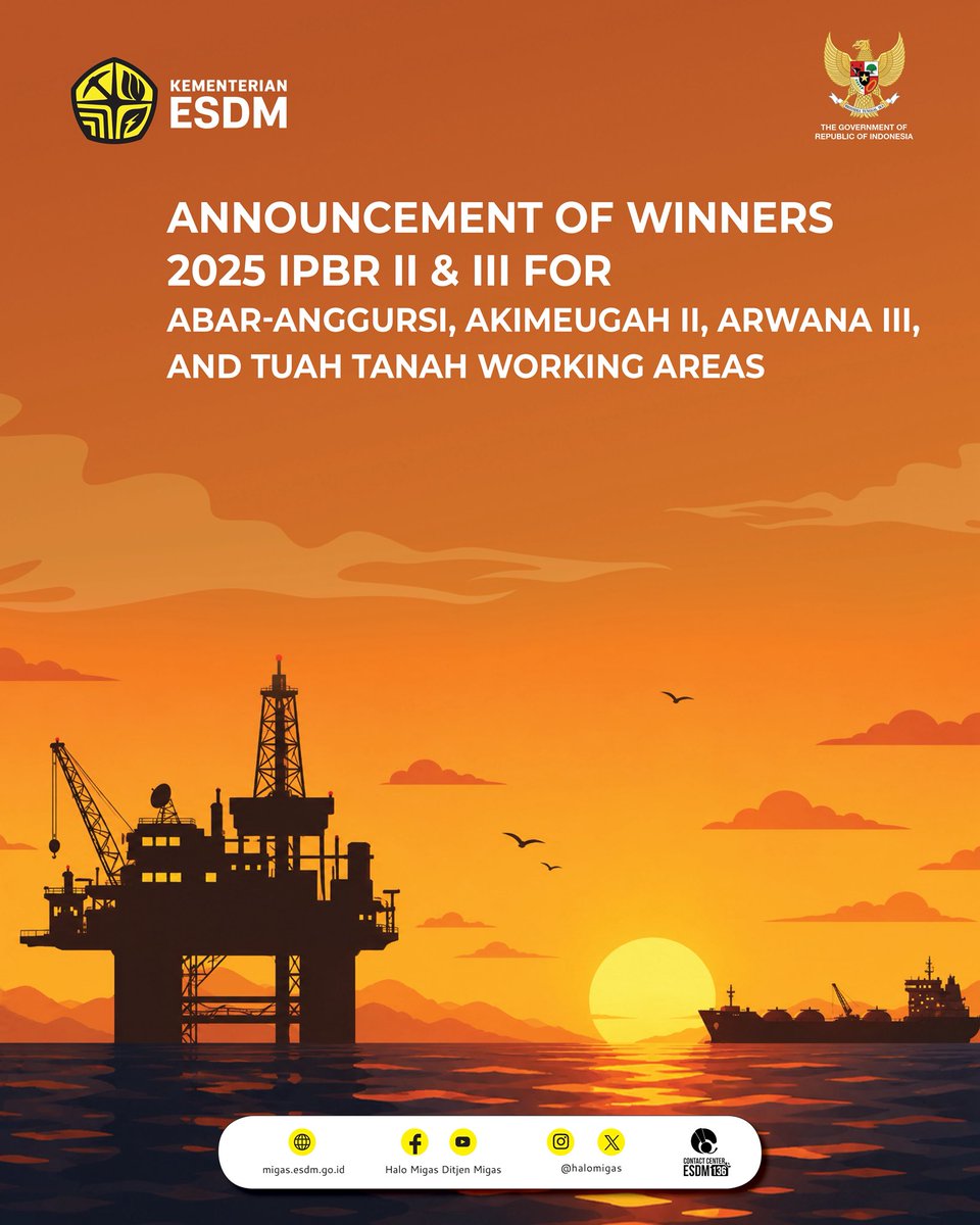 halomigas's tweet photo. Sahabat Migas, Pemerintah melalui Kementerian ESDM resmi mengumumkan pemenang Lelang 4 Wilayah Kerja (WK) Migas Tahap II dan III Tahun 2025.

Total komitmen investasi sukses menembus USD 43,5 Juta dengan bonus tanda tangan USD 1,2 Juta.
 
#MasaDepanKita 
#MigasUntukNegeri https://t.co/yTjb6n3gel