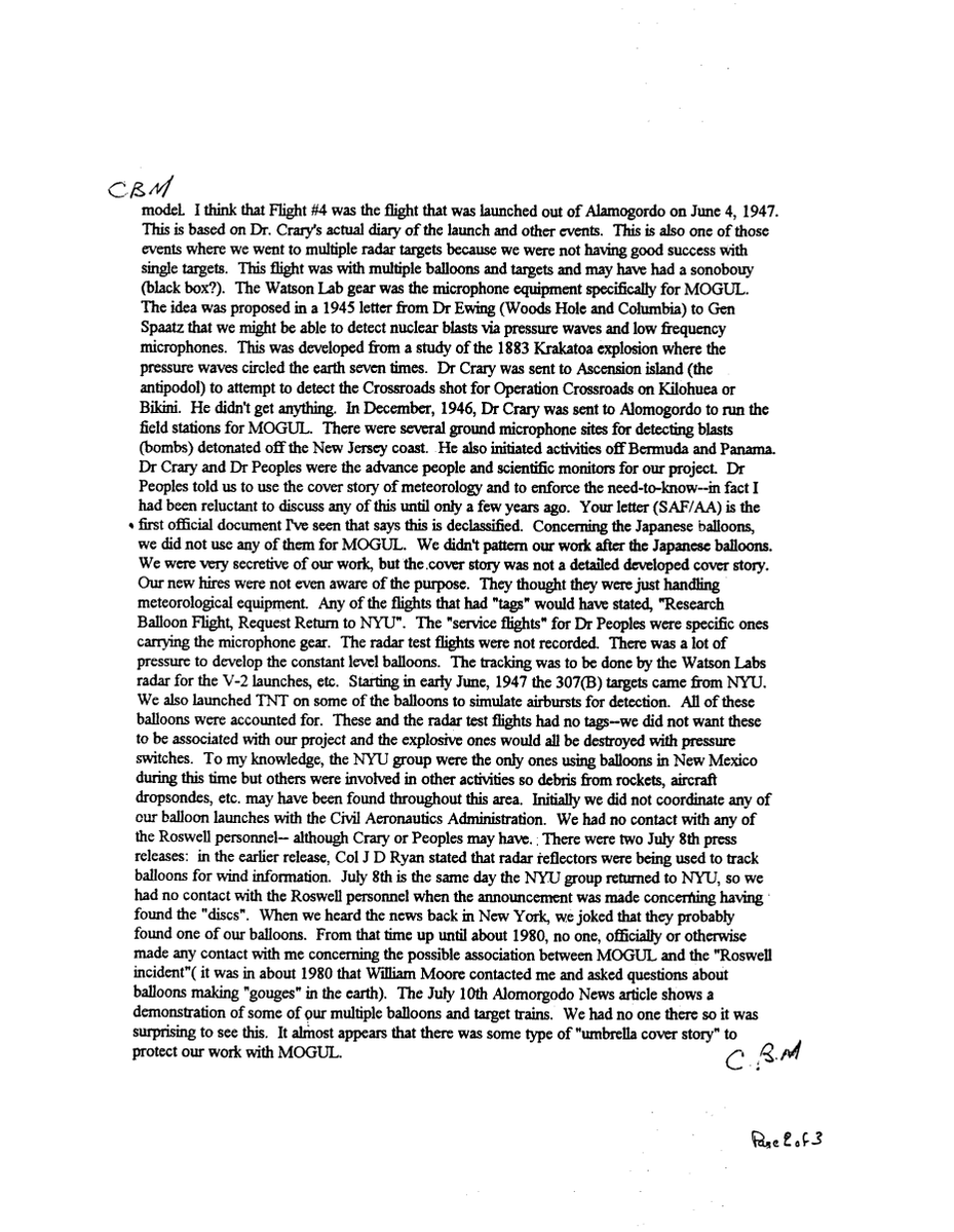 robertromano's tweet photo. To which, the Air Force replied -- albeit in a 1995 report -- that the "hieroglyphics" were because the balloon had been made by a toy manufacturer: "The witnesses have recalled small pink/purple 'flowers' that appeared to be some sort of writing that couldn’t be deciphered. These figures were printed on tape that sealed the seams of the of the radar target. The radar targets, sometimes called corner reflectors, had been manufactured during or shortly after World War II, and due to shortages, the manufacturer, a toy company, used whatever resources were available. This toy company used plastic tape with pink/purple flowers and geometric designs in the construction of its toys and, in a time of shortage, used it on the government contract for the corner reflectors." https://t.co/QyR3OYtkq0  

Charles B. Moore, project manager for the NYU balloon project, stated for the record: "I have a specific recollection of reinforcing tape applied to the seams of the reflectors that had some symbols such as arcs, flowers, circles and diamonds. These were pinkish in color." There's a sketch attached of what the tape looked like. https://t.co/x6o0UJEyMZ   

The Marcels were telling the truth!  But, these were not hieroglyphics in the official story, but patterns for children's toys. 

There was also a follow-on report in 1997 entitled "Case Closed": https://t.co/HFRWgw3kDW