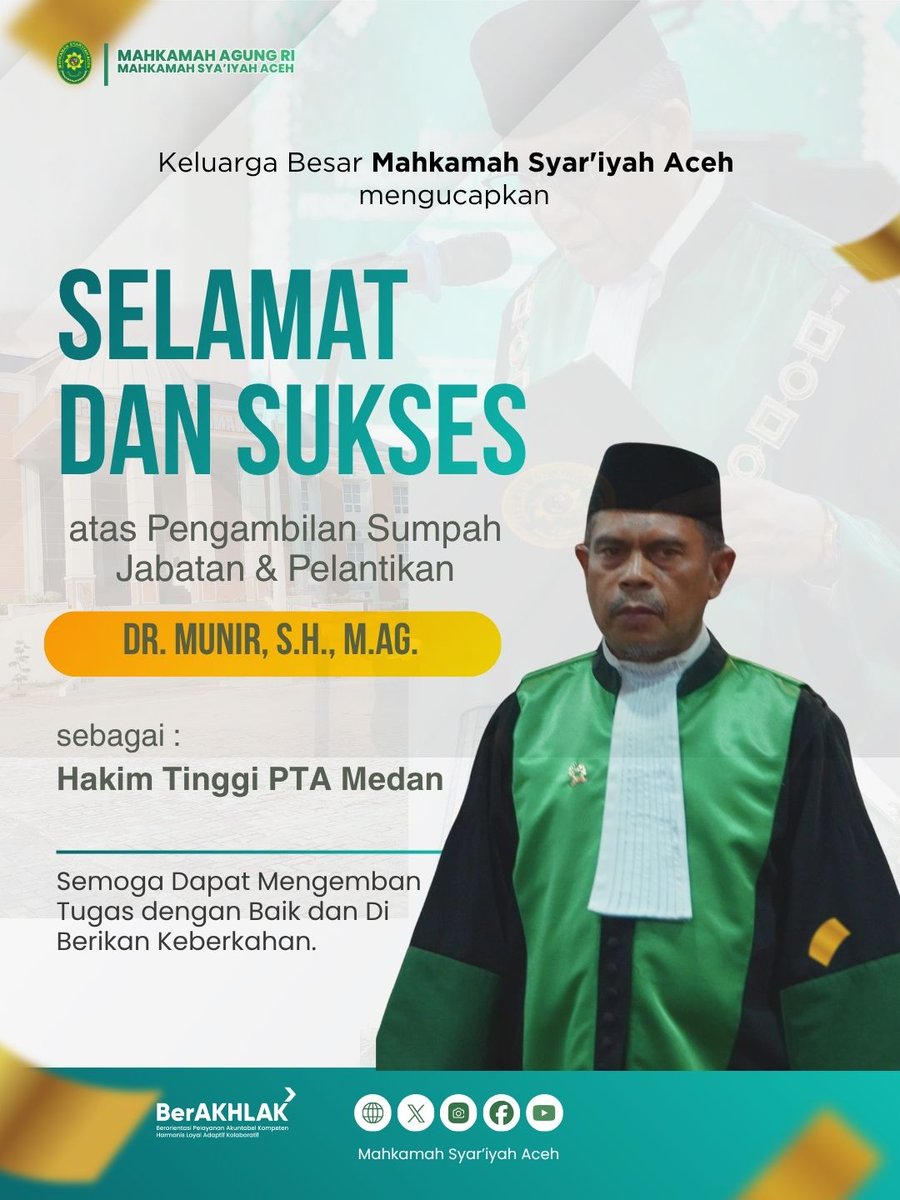 info_msaceh's tweet photo. Selamat atas Pengambilan Sumpah Jabatan dan Pelantikan Dr. Munir, S.H., https://t.co/Tk6ENqN5G8. sebagai Hakim Tinggi Pengadilan Tinggi Agama Medan. https://t.co/jq0QlM150C