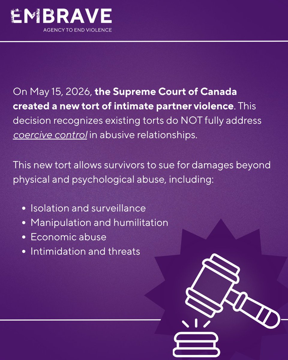 Embrave_ca's tweet photo. The Supreme Court of Canada has recognized a new tort of intimate partner violence, allowing survivors to sue for damages related to coercive &amp; controlling behaviour.

This is a monumental moment for survivors, as well as gender equity &amp; justice in Canada

https://t.co/qrj8W8Ob9W https://t.co/WIQf3Fd5Qv