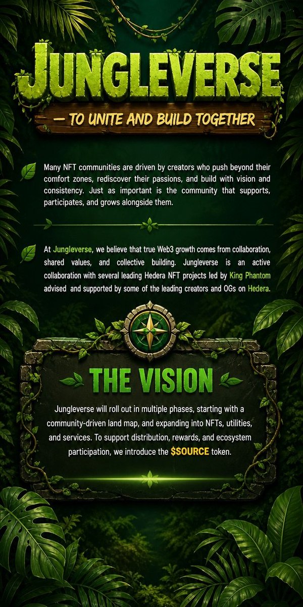 JungleVerseW3's tweet photo. MAIN MISSION. 🎯

To unite the #HederaNFT ecosystem and showcase what every project represents in one place.

Built on the belief that we are one @hedera, united by the same mission:

Expand the ecosystem, strengthen the community, and introduce our home to the world. 🌎