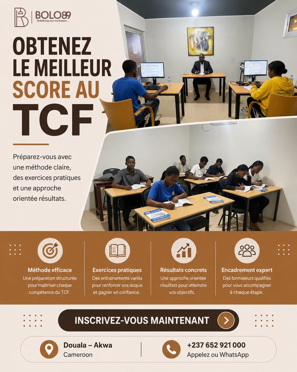 BOLO89official's tweet photo. Obtenez le meilleur score au TCF
Préparez-vous avec une méthode structurée, des exercices pratiques et un accompagnement adapté à votre réussite.

📍 Douala
📞 +237 652 921 000
#TCF #BOLO89 https://t.co/wDpoDpb5g1