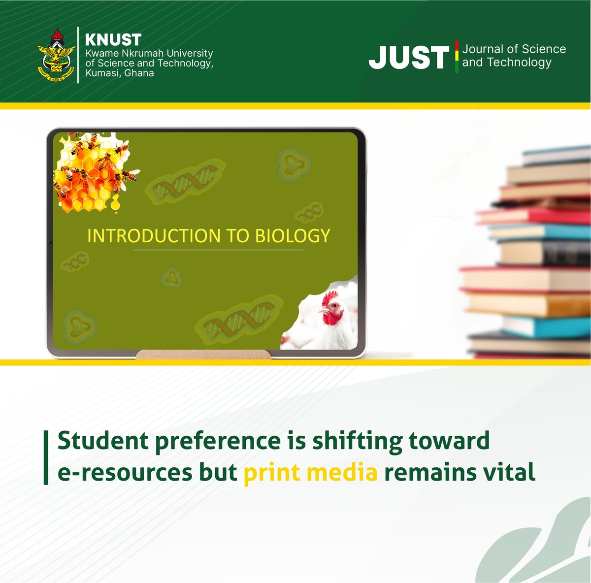 KNUSTJournal's tweet photo. A study finds undergraduate preference for e-resources is increasing, but a hybrid balance with printed resources will support diverse academic needs.
Read more:
AJOL: https://t.co/bPwvXl5VbU https://t.co/VWT3OUZEPX