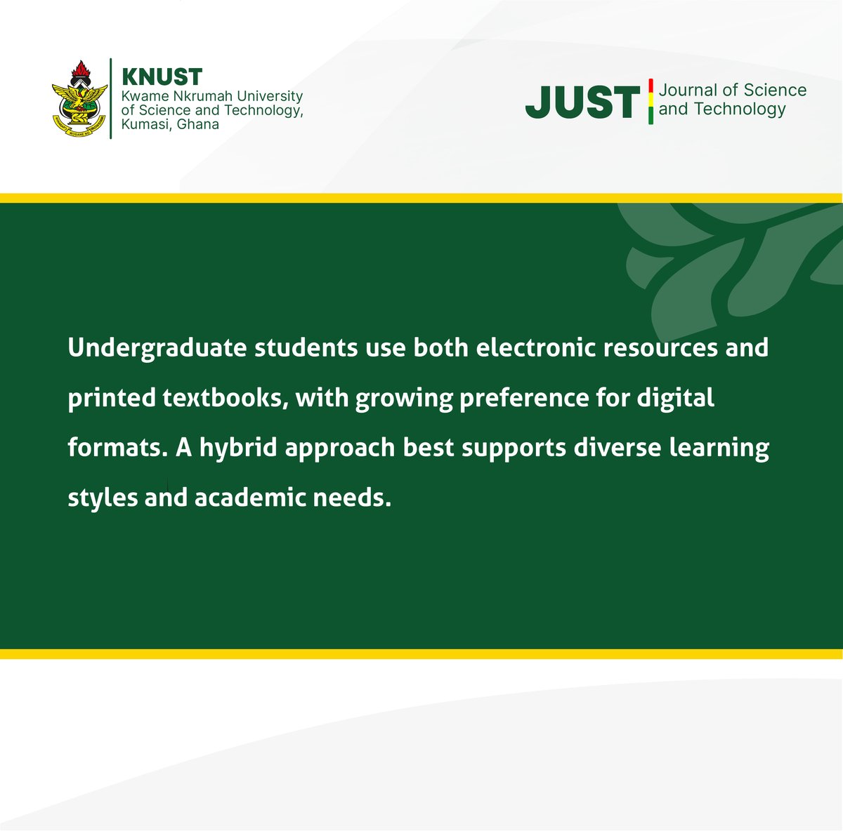 KNUSTJournal's tweet photo. A study finds undergraduate preference for e-resources is increasing, but a hybrid balance with printed resources will support diverse academic needs.
Read more:
AJOL: https://t.co/bPwvXl5VbU https://t.co/VWT3OUZEPX