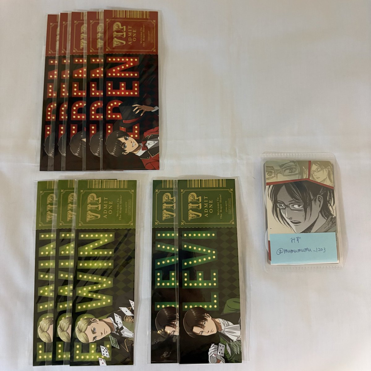 mumumumu_1203's tweet photo. 【交換 譲渡】進撃の巨人 アニメイトフェア チケット風カード フィルム風コレクション

《譲》エレン リヴァイ エルヴィン アルミン

《求》同種ハンジ>異種ハンジ
または110/枚+送料(画像2のみ)

*チケット風カードは緩募のため3点~の交換希望
*フィルム風カード含む場合は1点から◎
🔽 https://t.co/KLSaSawsyk