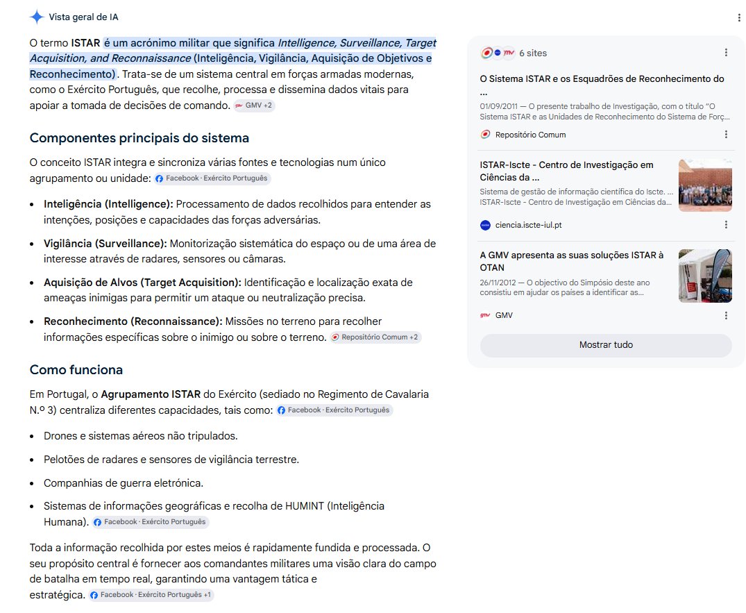 75Alcaide's tweet photo. 🧐Sabem, o que é o sistema #ISTAR, em uso e funcionamento no Exército em #Portugal? 🪖🇵🇹
👁️O termo ISTAR é um acrónimo militar que significa Intelligence, Surveillance, Target Acquisition, and Reconnaissance (Inteligência, Vigilância, Aquisição de Objetivos e Reconhecimento).
Trata-se de um sistema central em forças armadas modernas, como o Exército Português.
🪖🇵🇹 Segundo o Exército:
"O Agrupamento ISTAR, sediado no Regimento de Cavalaria N.º 3 (em Estremoz), é a unidade responsável por agregar um conjunto alargado de capacidades associadas às Informações, Vigilância, Aquisição de Objetivos e Reconhecimento, integrando e sincronizando, o planeamento e a operação das várias fontes:
📡 Esquadrão de Reconhecimento
📡 Companhia de Guerra Eletrónica
📡 Companhia de Sistemas de Vigilância
📡 Secção de Sensores Terrestres Não Vigiados
📡 Pelotão de Sistemas Aéreos Não Tripulados
📡 Pelotão Radar de Localização de Armas
📡 Pelotão Radar de Localização de Alvos Móveis
📡 Pelotão de Sensores Acústicos de Localização de Armas
📡 Pelotão de Observadores Avançados
📡 Pelotão Human Intelligence (HUMINT) / Counter Intelligence
📡 Unidade de Apoio Geoespacial
🤖 Quando integrado numa força internacional, contribui para a atualização da base de dados dos sistemas de informações, nacionais ou internacionais."
#FieldLab #Radars #IMT2030 #DigitalTwin #PNT #ZLT
#GuerraEletrónica #ElectromagneticWarFare #EMF #RNI
#Defesa?
👇