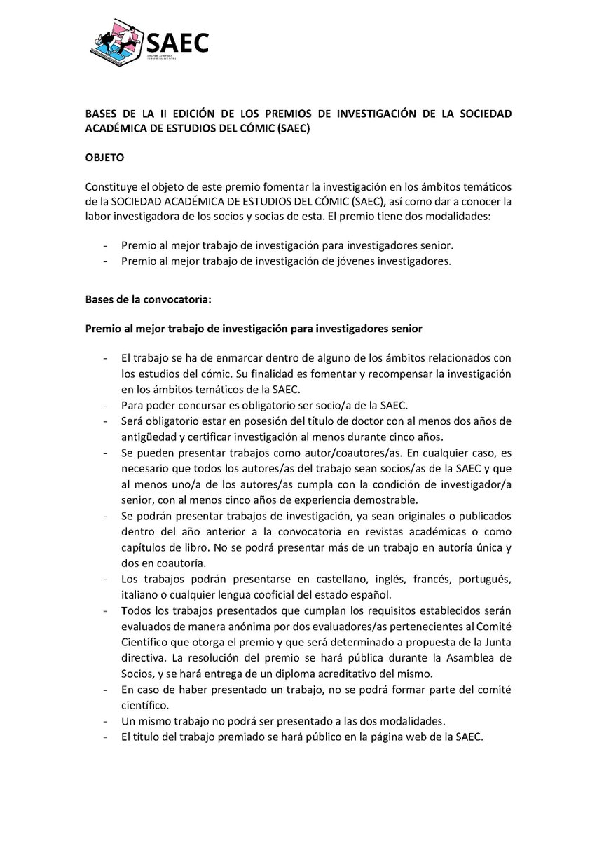 sociedad_comic's tweet photo. @CatedraComic @alvaropons @AspirinaWoolf @JordiOjeda @joserovira @CUnicomic @CatedraComicUAH @Tebeosfera La SAEC convoca la 2ª edición de los Premios de Investigación con el objetivo de fomentar y reconocer la investigación en los ámbitos propios de la sociedad.

Ya está abierto el período de recepción de candidaturas. #PremiosSAEC 

Más información en
https://t.co/sllXbkRlZY https://t.co/gxpYi1QAfD