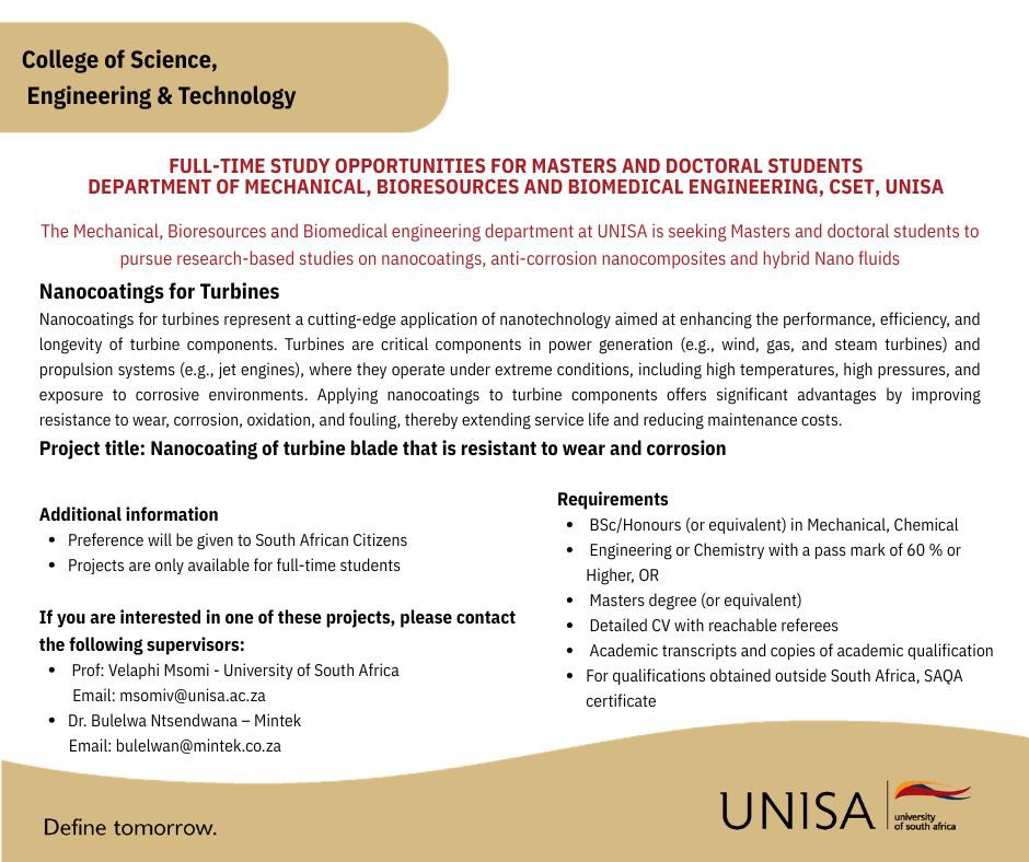 UnisaCSET's tweet photo. [RESEARCH OPPORTUNITIES FOR MASTERS AND DOCTORAL CANDIDATES 2026]Looking to pursue a Master’s in Engineering or a Doctoral degree in Science, Engineering and Technology? Explore the research projects featured in the advert below and contact the relevant supervisory team as early as possible to secure your opportunity.
Do not delay, applications close on 30 June 2026.
Apply here: https://t.co/PKJ8SMxNp5 
#UnisaCSET
#Unisa150andBeyond