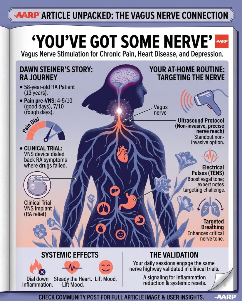 SterlingCooley's tweet photo. Ever feel like a mad scientist while hovering an ultrasound wand over your neck?

Good news: You’re officially "cool" according to the latest AARP magazine.

In a piece titled ‘You’ve Got Some Nerve,’ they highlight Dawn, who battled rheumatoid arthritis for 13 years until vagus nerve stimulation dialed her pain down from a roar to a whisper.

That long, wiggly nerve running from your brainstem to your belly is essentially the body's ultimate "mute" button for inflammation and heart-rate chaos.

While deep breathing is a lovely start, ultrasound is emerging as the high-precision GPS for reaching that nerve highway directly.

It’s not a "hack" anymore when clinical trials and mainstream magazines start nodding in agreement.

Your daily sessions are a systemic reset, proving that sometimes, the universe really does want you to vibrate your way to health.

https://t.co/XPlrRw4k8g