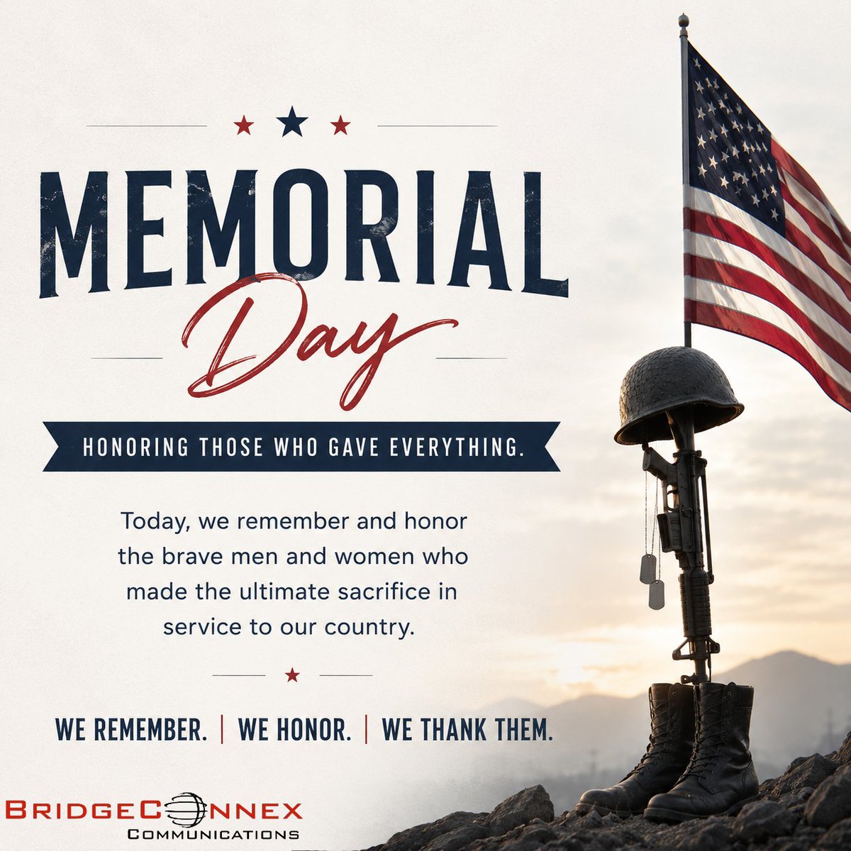bridgeconnex's tweet photo. This Memorial Day, we remember and honor the brave men and women who made the ultimate sacrifice in service to our country.
We remember. We honor. We thank them. https://t.co/RvEmmVZvHY