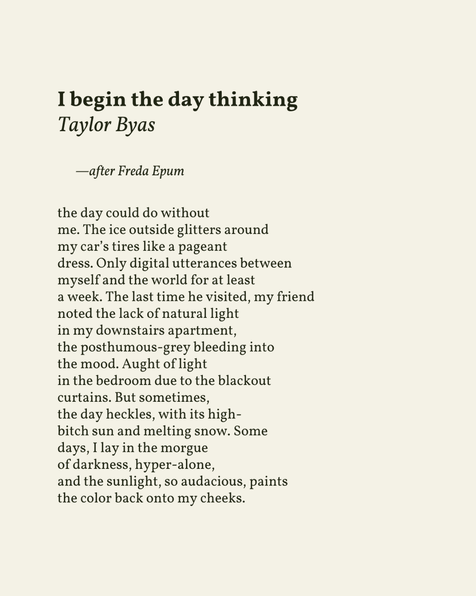 readalittlepoem's tweet photo. “Some / days, I lay in the morgue / of darkness”

— Taylor Byas (@TaylorByas3)

.
.
.

This poem appeared in Poem-a-Day by the Academy of American Poets, 2025. Shared here with deep gratitude. https://t.co/S0CvzISQRb