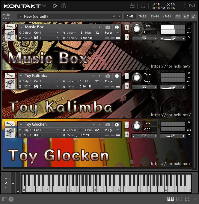 horinchi's tweet photo. 自作のKONTAKT用オルゴール音源が完成した。
通常の音とアタック強めの音をVelocityで切り替え。
Velocity 1-32に、振動している櫛にピンが触れた時のノイズ音を。
効果音としてゼンマイを巻く音、調速機が回転する音を。
壁紙を作ってオリジナリティを演出。

気が向いたら配布用ページでも作るかな。 https://t.co/yOMuIQ9tHm