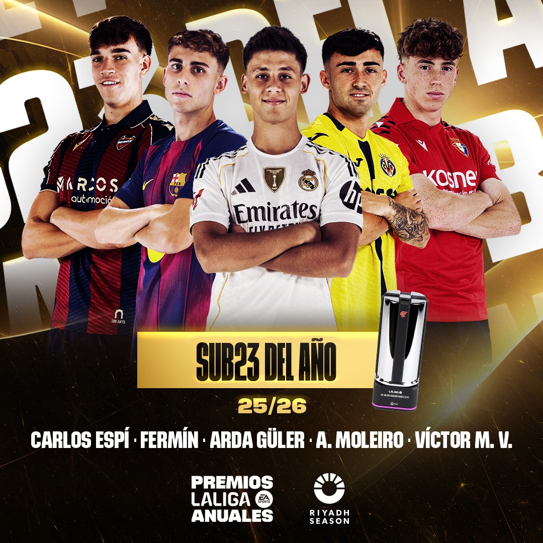 LaLiga's tweet photo. 🏅💫 ¡Vota por tu JUGADOR SUB23 DE LA TEMPORADA favorito!

💎 Carlos Espí
💎 Fermín
💎 @10ardaguler
💎 Alberto Moleiro 
💎 Víctor Muñoz 

#LALIGAU23OFTHESEASON | @riyadhseason
#PREMIOSANUALESLALIGA