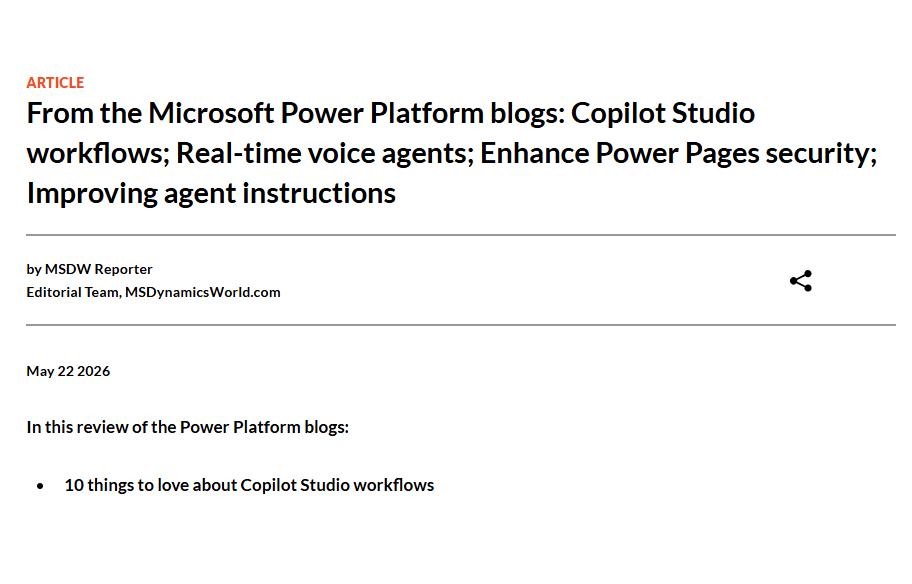 msdynamicsworld's tweet photo. From the #Microsoft Power Platform blogs: Copilot Studio workflows; Real-time voice agents; Enhance Power Pages security; Improving agent instructions. 
https://t.co/nI12BZVoHV https://t.co/CEUzIdUuzz