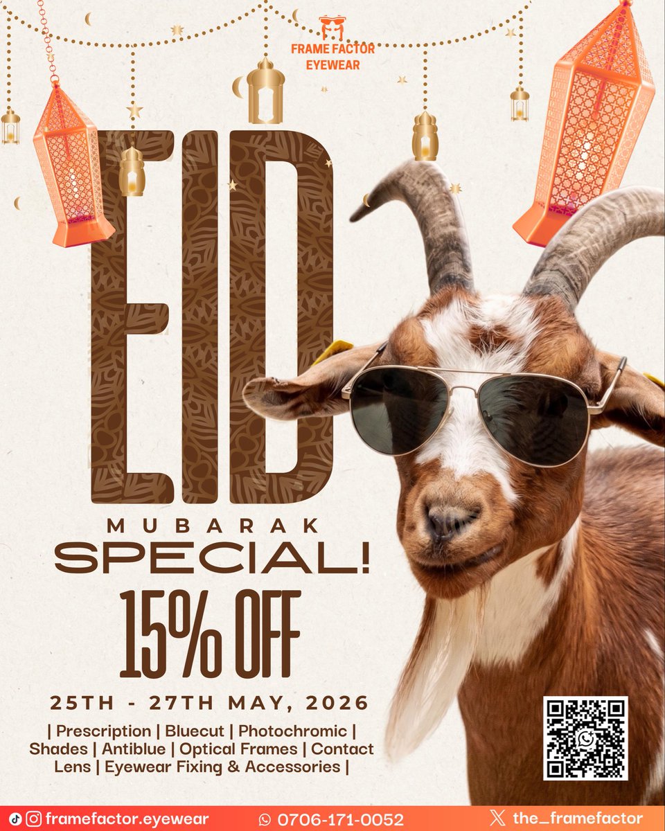 the_framefactor's tweet photo. Eid Mubarak to all the Muslim brothers and sister 🥳

Framefactor brings to you a special offer valid from 25th to 27th of May.

You can get your 
👓Fashion Frames,
🕶️Shades,
💻Anti-blue glasses,
👁️Prescription glasses,
🖥️☀️Bluecut-Photochromic glasses
👀 Contact lenses https://t.co/8CglEztJLE