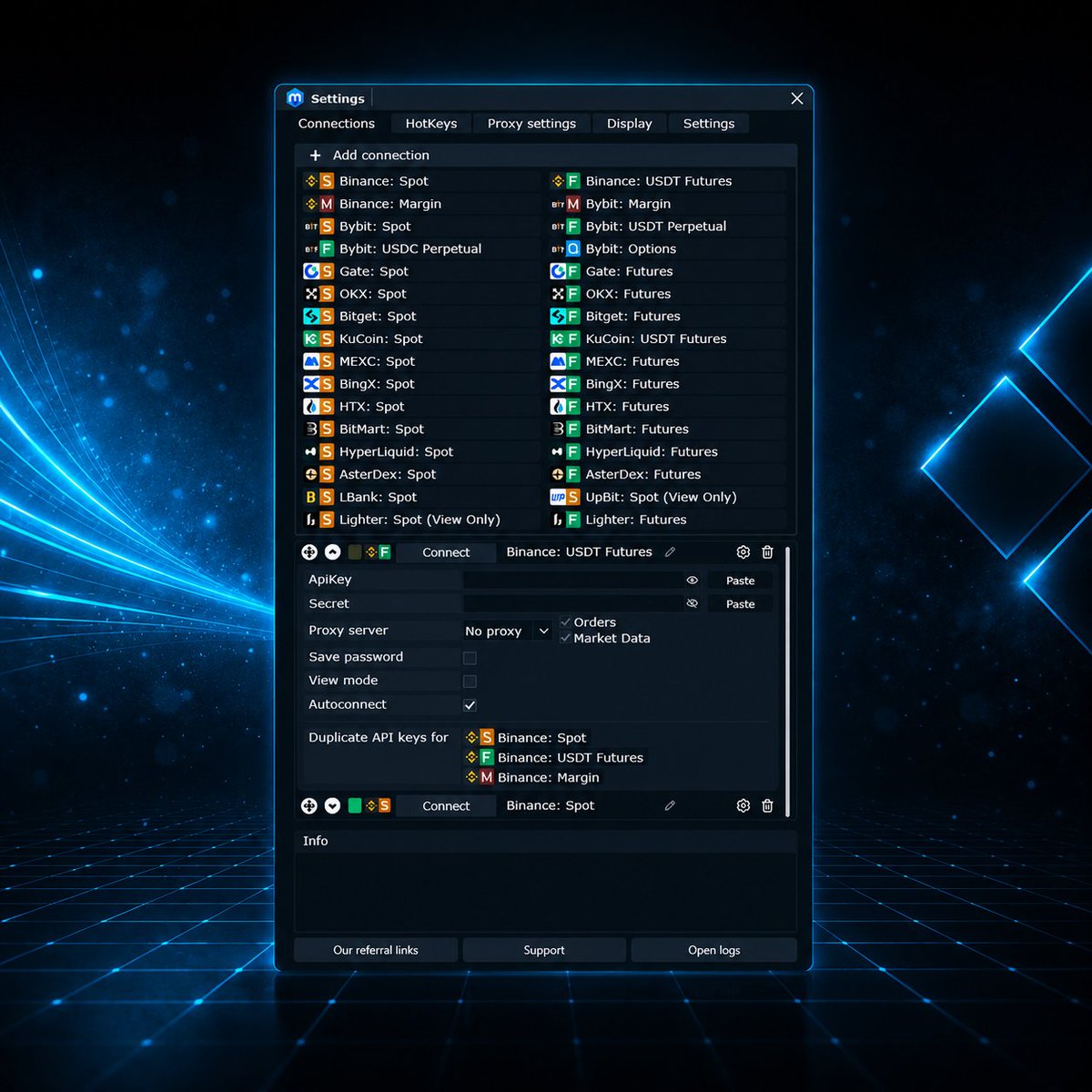 metascalp's tweet photo. Let's talk about exchanges in MetaScalp. Starting with Binance.

What connects:
• Spot
• USDT Futures
• Margin
• Demo

Create one API key and connect Spot, Futures and Margin in one go.

Full tutorial is already on our YouTube: https://t.co/geVBoF5PnZ

#MetaScalp #Binance #CryptoTrading #BinanceFutures #TradingTerminal