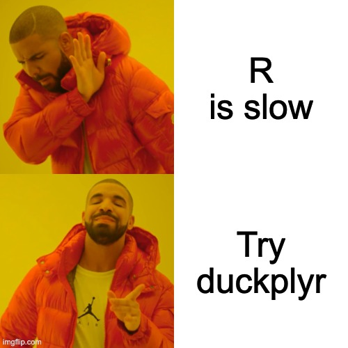 tangming2005's tweet photo. 1/ Working with big data in R?
 Your wrangling just got a massive upgrade.
 duckplyr is now in the tidyverse—and it’s fast. Really fast. 🧵 https://t.co/M8wOLsC488