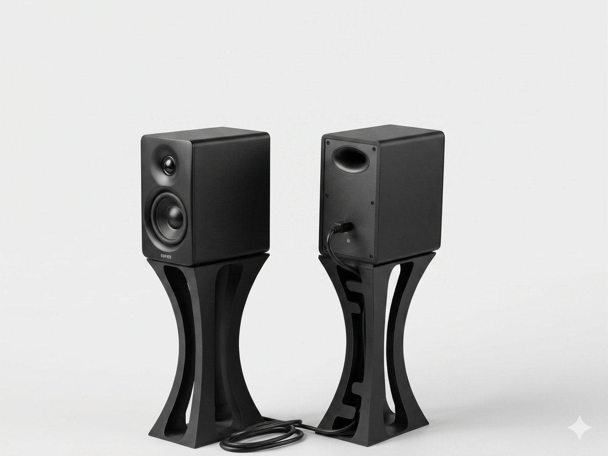 MentakoY's tweet photo. モニタースピーカー用のスタンドちょうど良いものがなかったので３Dプリントデータ作ってみました

Edifire M60用に作成しましたが、フットプリントが70mm x 140mm程度のスピーカーなら利用可能です

https://t.co/bkkS3Gh5YB https://t.co/7DE0bVD85I