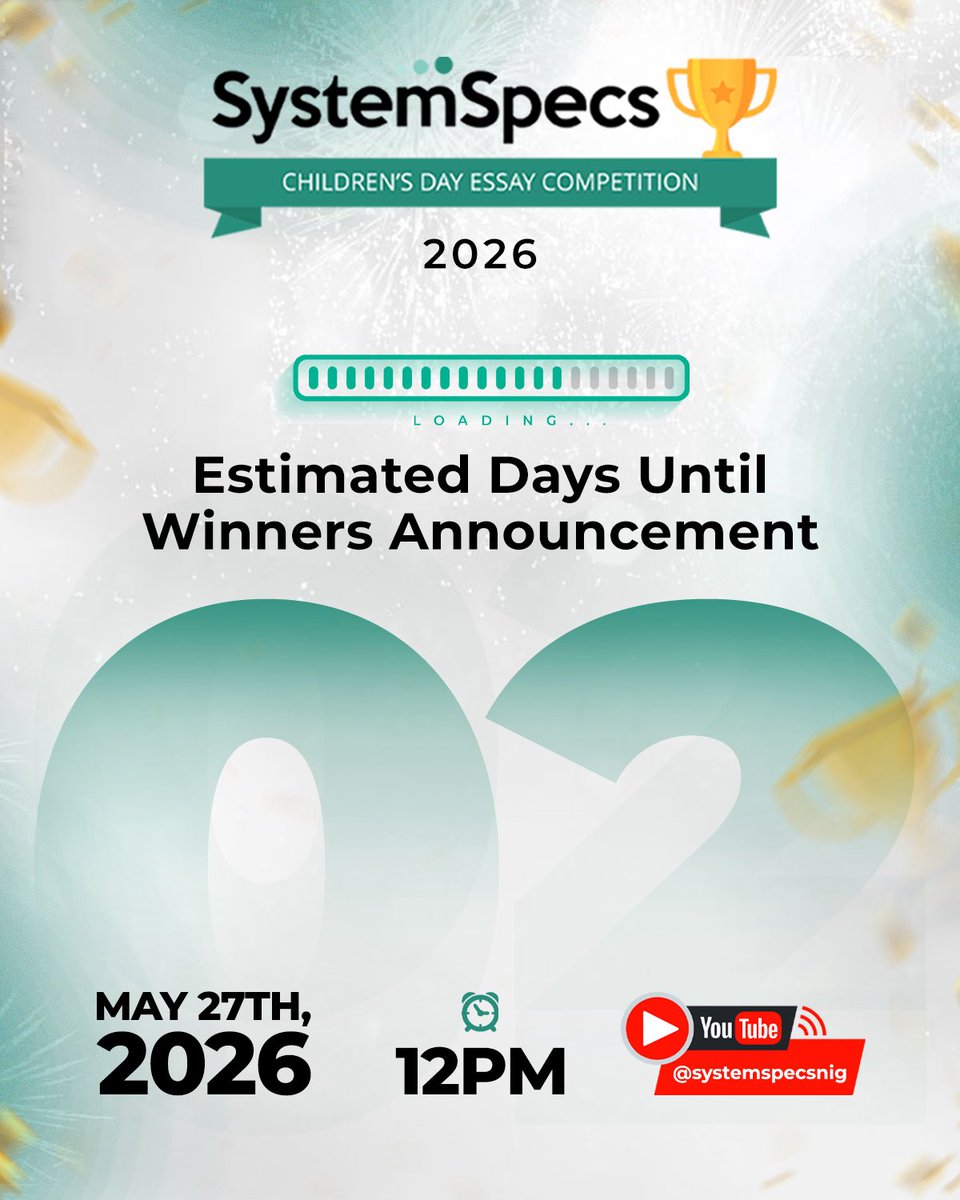 SystemSpecsNig's tweet photo. The wait is almost over!
 
In 2 days, we unveil Nigeria’s next Tech Champions.🏆
 
This is a moment you don’t want to miss.
 
📅May 27, 2026 ⏰ 12 PM 📺 LIVE on YouTube @systemspecsnig
 
See you at the winners announcement.
 
P.S: The CDEC Trivia continues tomorrow 
 
#CDEC2026 https://t.co/qEq8stISbZ