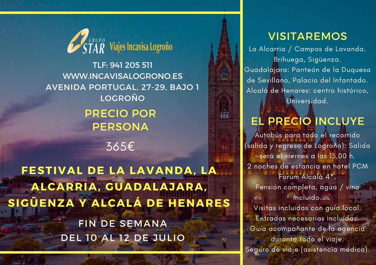 ViajesIncaLogro's tweet photo. El fin del semana del 10 al 12 de Julio, te llevamos en un viaje inolvidable al Festival de la Lavanda, La Alcarria, Guadalajara, Sigüenza y Alcalá de Henares. ¡Reserva ya! 👣😍
#viajesincavisalogroño #larioja #logroño #agenciasdeviajes #verano #guadalajara https://t.co/mFHW0wfPGe