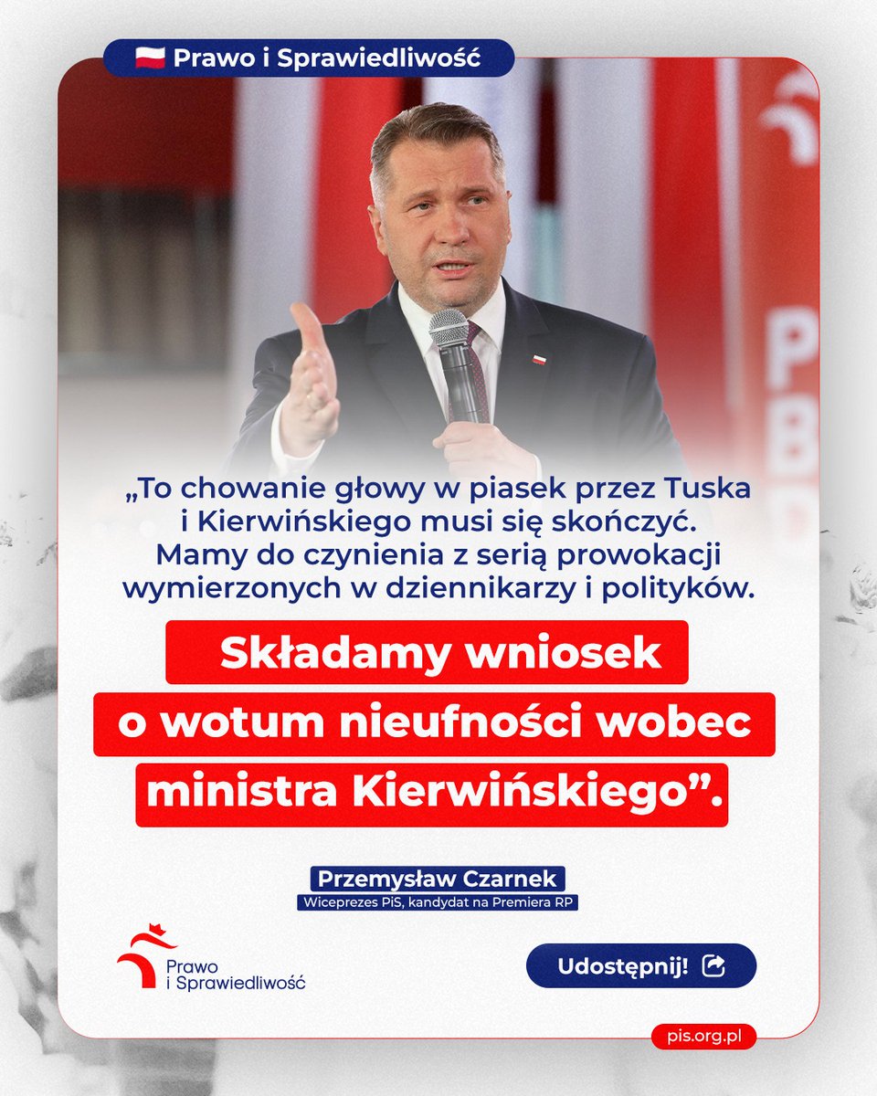 pisorgpl's tweet photo. ❗ Składamy wniosek o wotum nieufności wobec ministra Kierwińskiego - Wiceprezes PiS, Kandydat na Premiera RP @CzarnekP.
👉 Udostępnij! https://t.co/U5LVqvmSpH