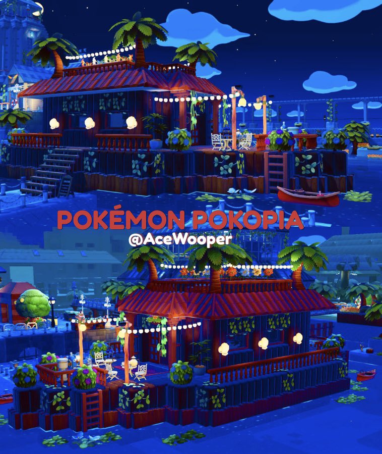 AceWooper's tweet photo. Built a Floating Café Boat for Bleak Beach 🌴☕⛵ 
This tropical café acts as a late-night stop for travelers and locals by the harbor.

Referenced from the cozy overgrown café boat by @thezoibean 💚

#Pokemon #PokemonPokopia #Pokopia #PokopiaBuild https://t.co/jm2c0X69U2