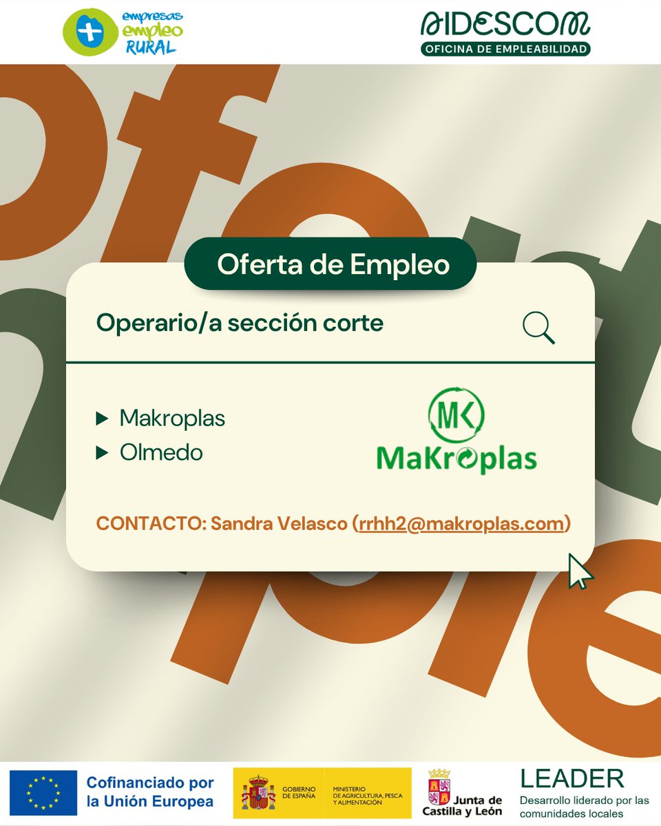 aidescom's tweet photo. Nueva oferta de empleo ‼️

🗣 Desde Makroplas buscan un operario/a sección corte en Olmedo📍 

Todos los detalles de la oferta en las imágenes 🙌🏻

Tanto si eres un demandante de empleo como si necesitas personal para cubrir puestos vacantes... ¡Contáctanos y te ayudamos! 📞 https://t.co/LIJ21rwdt8