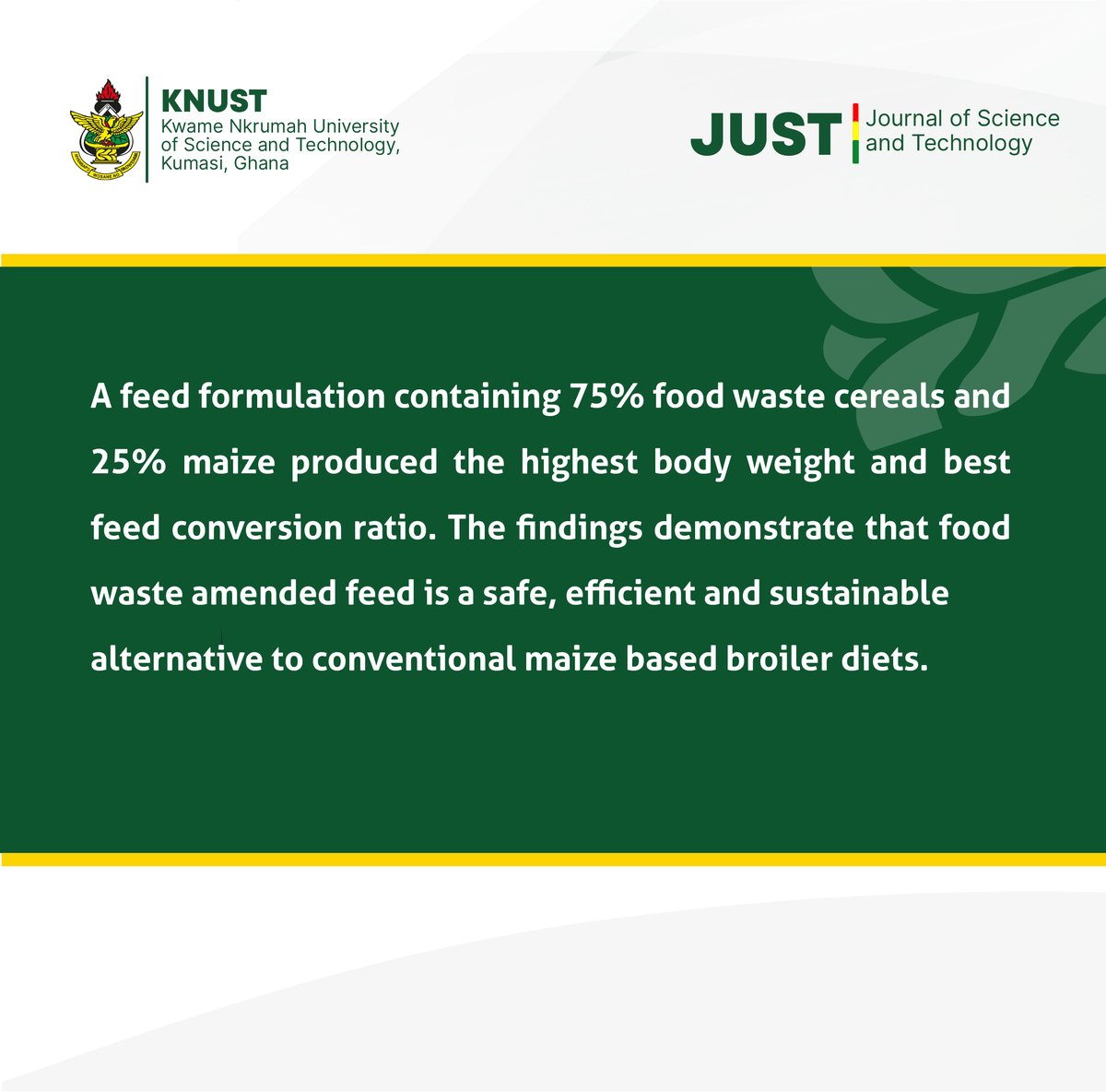 KNUSTJournal's tweet photo. This study demonstrated that the most effective maize-based diet for broiler production was food waste-amended feed, which produced good body weight and was easily digested by broilers, with a better feed conversion ratio.

Read more:
AJOL: https://t.co/xCH9jUIlAX
#broilerfeed https://t.co/fiwXusXl9C