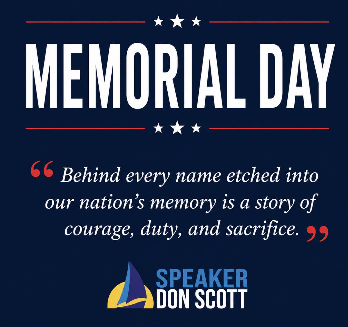 SpeakerDonScott's tweet photo. Freedom is never free.

This Memorial Day, we honor the brave Americans who gave their lives in service to our country and remember the families who carry that sacrifice every day.
As a Navy veteran, I know the bond forged by those willing to stand the watch. Today, we remember those whose watch never ended. God bless them all.