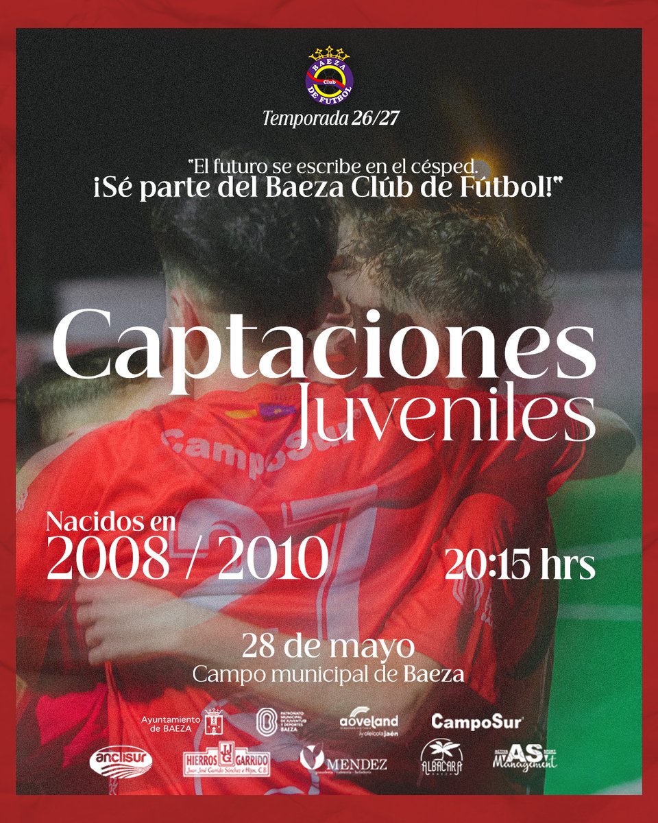 BAEZACF's tweet photo. ¿Naciste entre el 2008, 2009 y  2010?  ¿Te apasiona el fútbol? ⚽️ El Baeza CF abre la captación de juveniles. ¡Únete a nuestro equipo! 🚀

📅 Hoy, 28 de mayo
⏰ 20:15h
📍 Campo Municipal de Baeza

Inscríbete aquí:
🔗 https://t.co/oecYiOrVnt https://t.co/ehtB4m1UD1