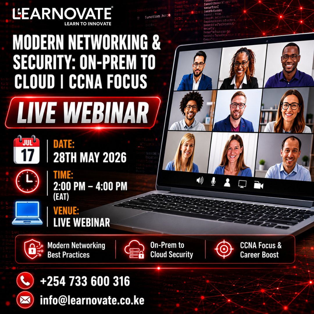 LearnovateTech's tweet photo. FREE Webinar: Modern Networking &amp; Security | CCNA Focus
Learn Networking, Cybersecurity &amp; Cloud Fundamentals for today’s IT industry.

📅 28 May 2026
🕒 2:00 PM – 4:00 PM (EAT)
📍 Online

Register: https://t.co/fkywkOeZjl https://t.co/tljHqfg8gr